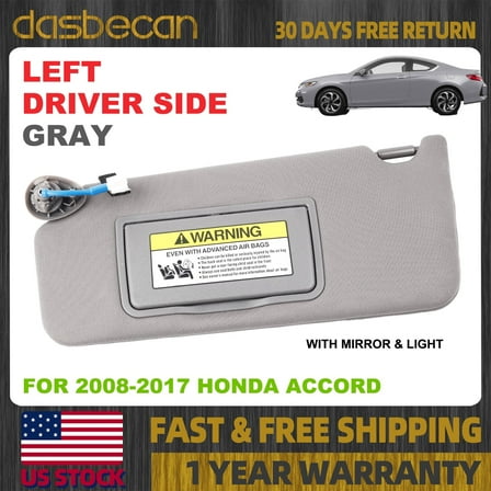 Dasbecan Gray Left Driver Side Sun Visor w/ Light & Mirror For Honda Accord 2008-2017 83280-TA5-A51ZA, 83280TA5A51ZA