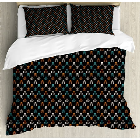pirates king size duvet cover set different colored graphic skull figures with bones on black