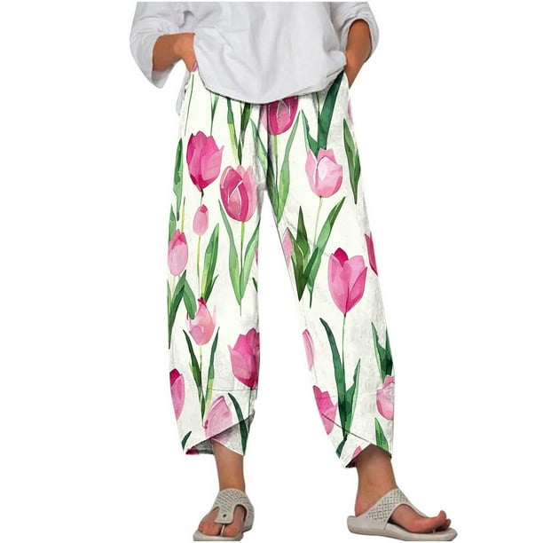 Pantalones de Mujer Traje Verano Cómodo de Moda Impreso Pantalones Recortados, Pantalones Elásticos Casuales