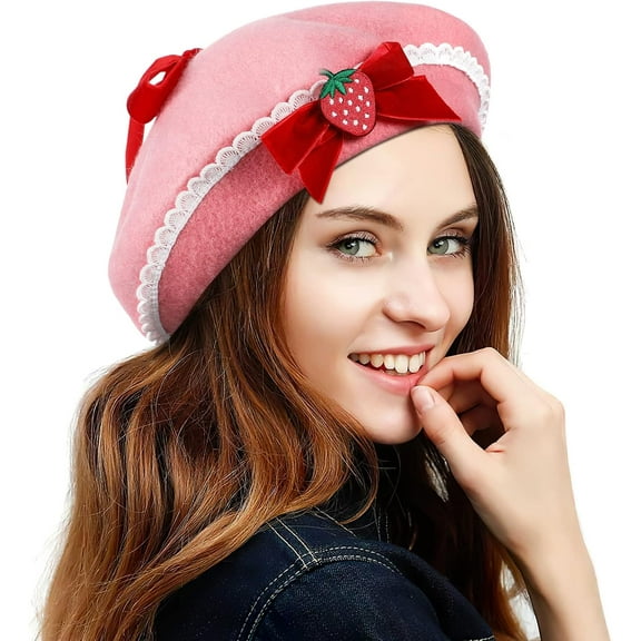 Strawberry Beret Hat with Bowknot - French Style Wool Beret for Women and Girls
