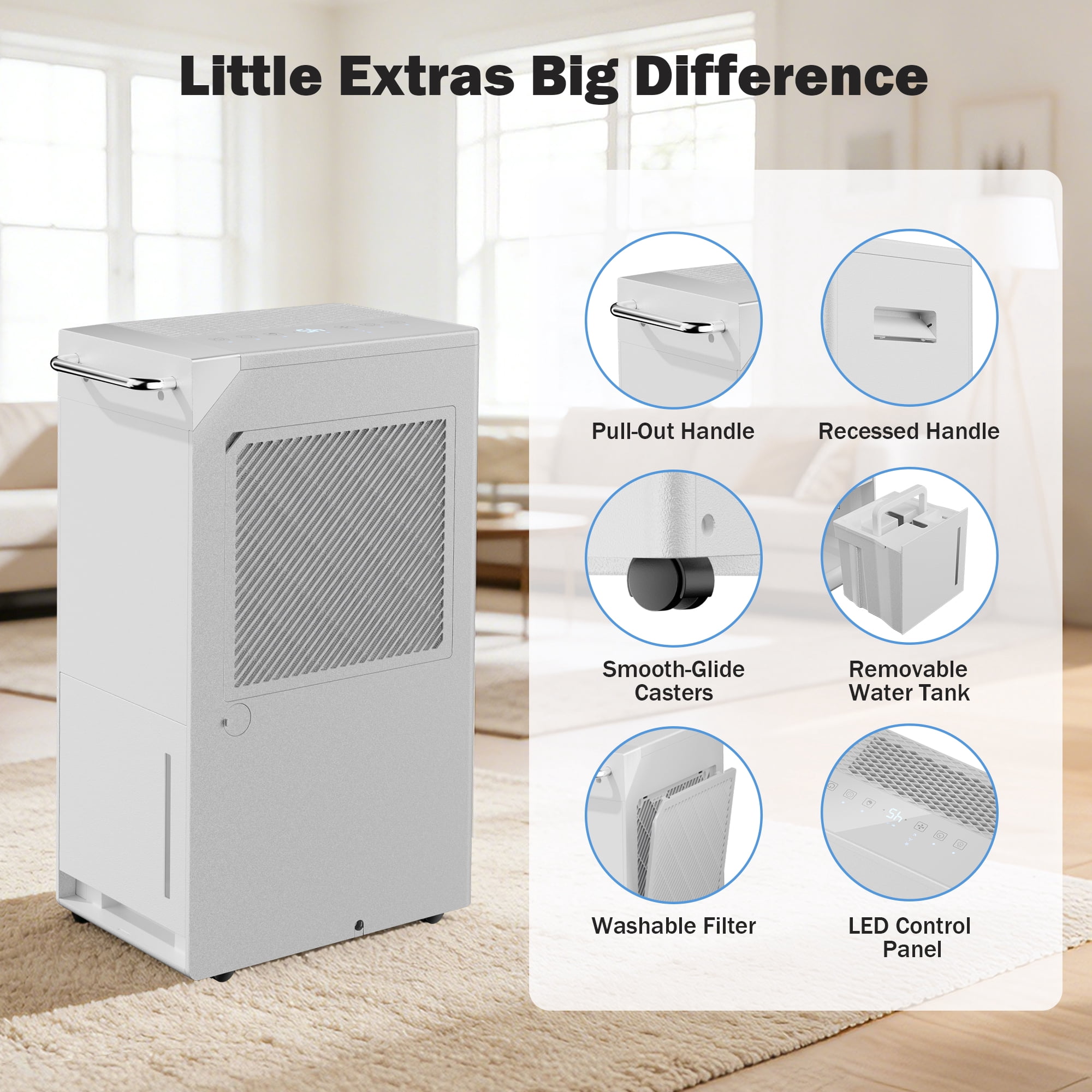 Dehumidifier for Basement & Home, Max 74 Pints, 5000 Sq.ft, Auto Shut Off, Dehumidifier with Drain Hose for Bathroom, Large Room, Garage(White Display)