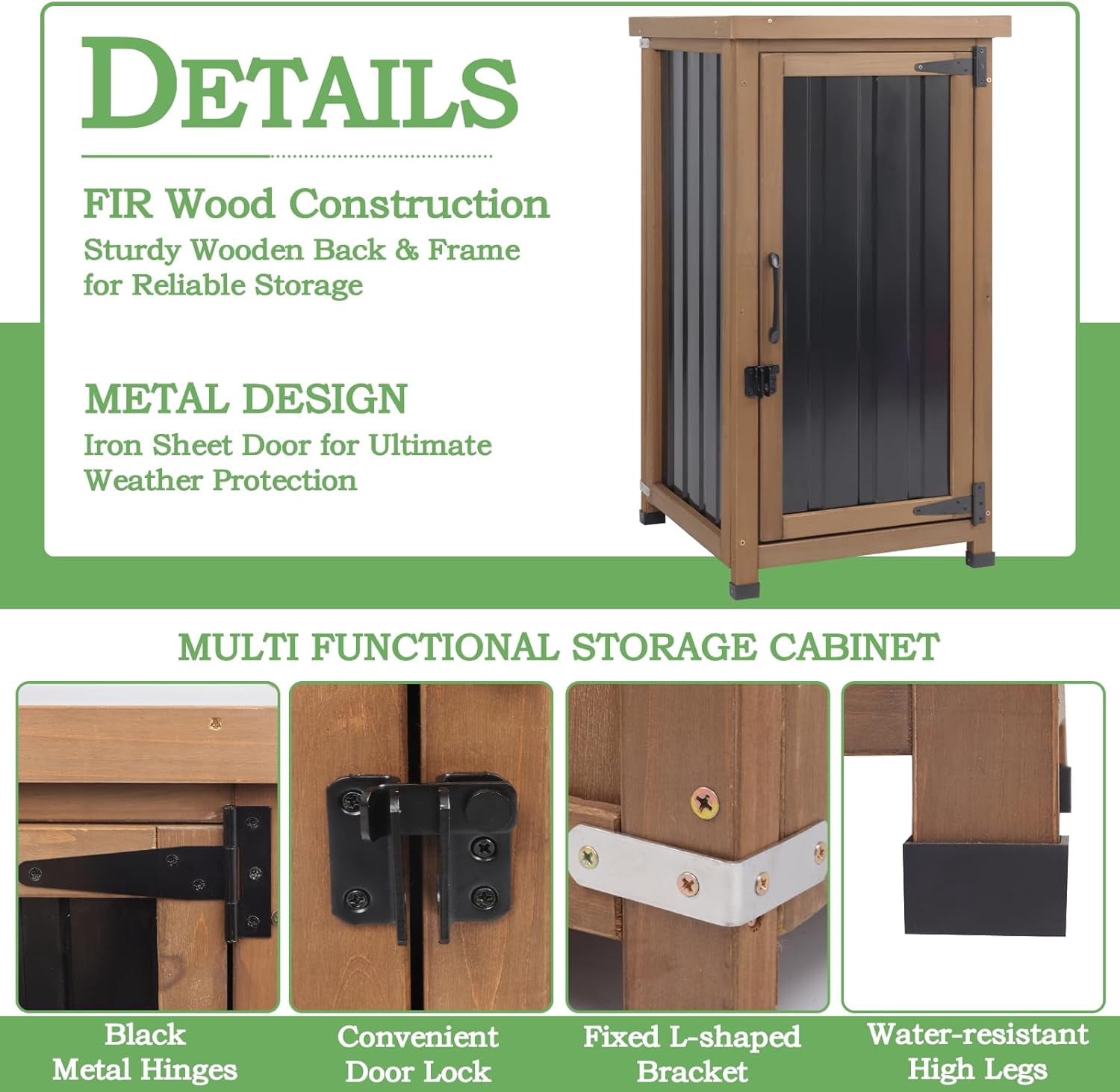 Outdoor Storage Cabinet Waterproof with Metal Top, Wooden Table Tool Organizer with Adjustable Shelf for Patio Backyard Garden