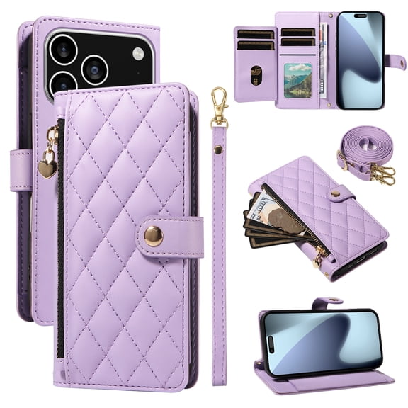 For iPhone 17 Pro Wallet Case: with RFID Blocking Card Slots [5 Cards 1 Cash Slot 1 Zipper Pocket | Soft PU Leather Magnetic Snap | Crossbody & Wrist Strap Protective Phone Cover,Purple