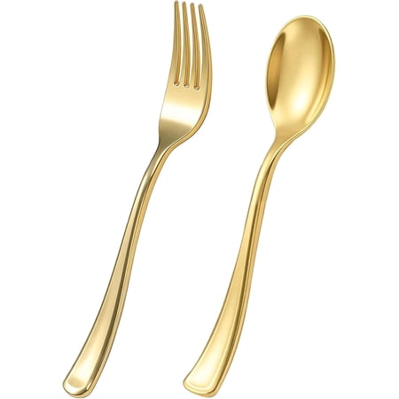 100 PCS Gold Plastic Silverware Heavy Duty Disposable Cutlery Set – 50 Forks and 50 Spoons Elegant Gold Utensils for Parties Weddings Catering and Dinners