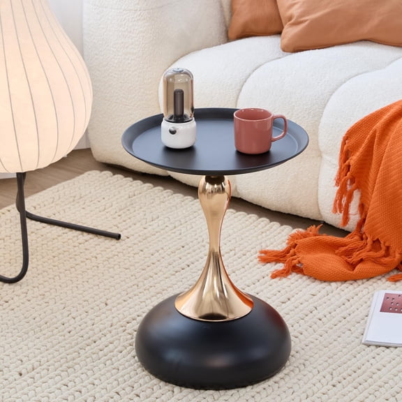 Modern Round Side Table with Gold Pedestal Base, Metal Top, Accent End Table for Living Room