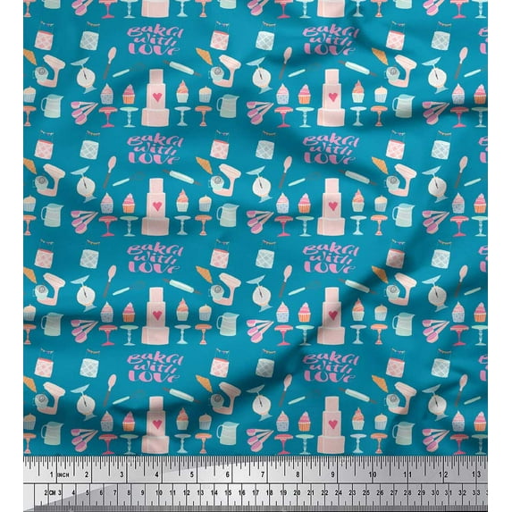 Soimoi Blue Rayon Fabric Cupcake Party Printed Craft Fabric by the Yard 56 Inch Wide