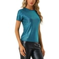 thumbnail image 4 of INSPIRE CHIC Women's Metallic Textured Short Sleeve Shiny Party Tops XS Green Blue, 4 of 6