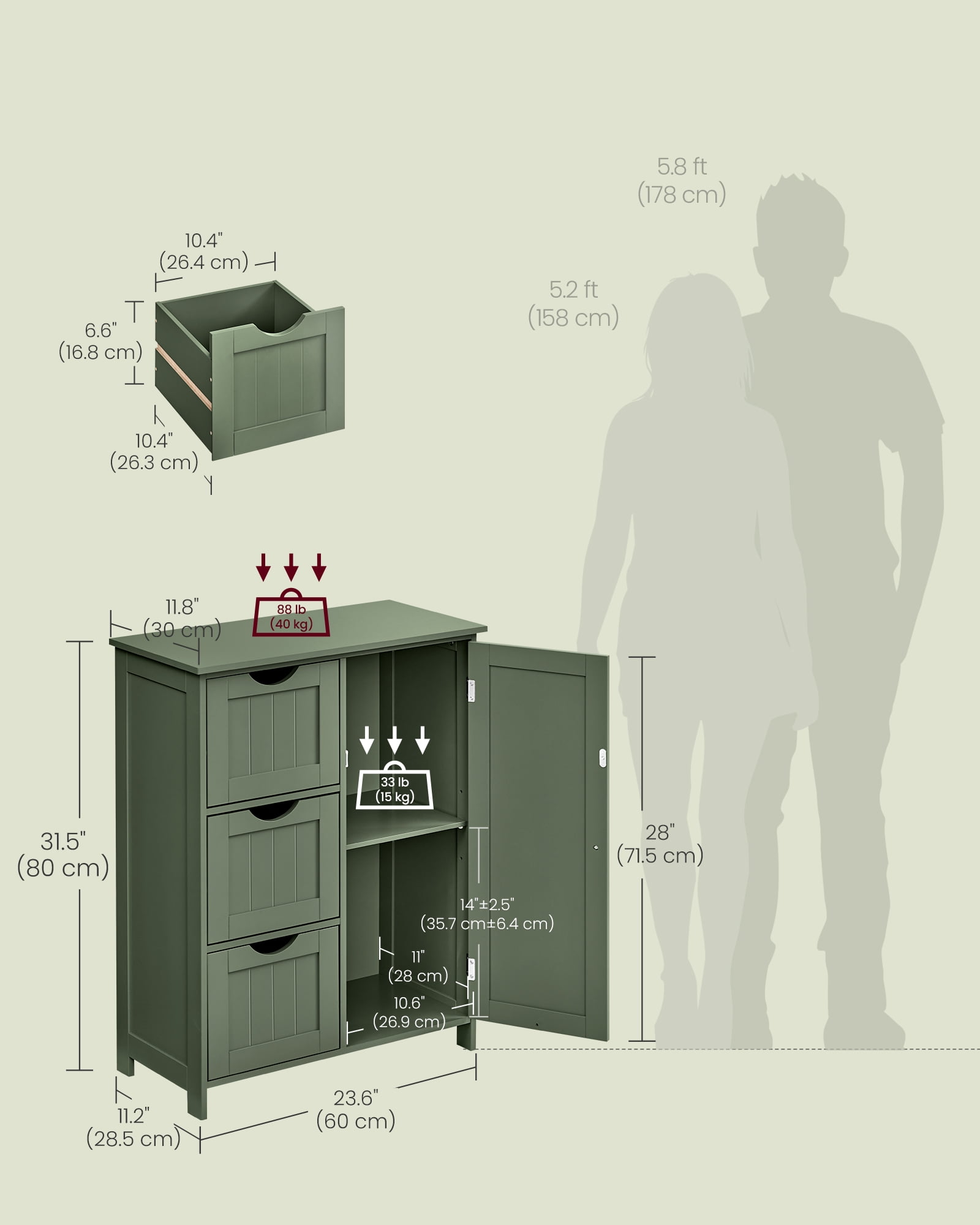 Floor Storage Cabinet, Freestanding  Storage Unit with 3 Drawers, 1 Adjustable Shelf, Forest Green