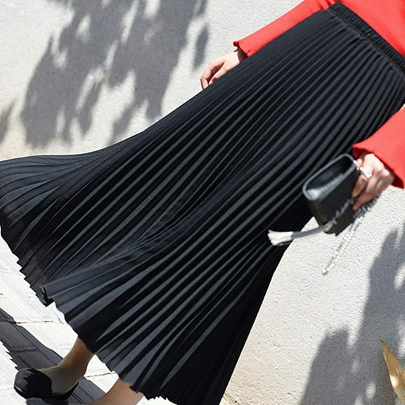 Baqcunre Solid Pleated Elegant Midi Elastic Waist Maxi Skirt Skirts For Fall 2023 Pleated Skirt Long Skirt Women Clothing Skirts For Women,Color Black