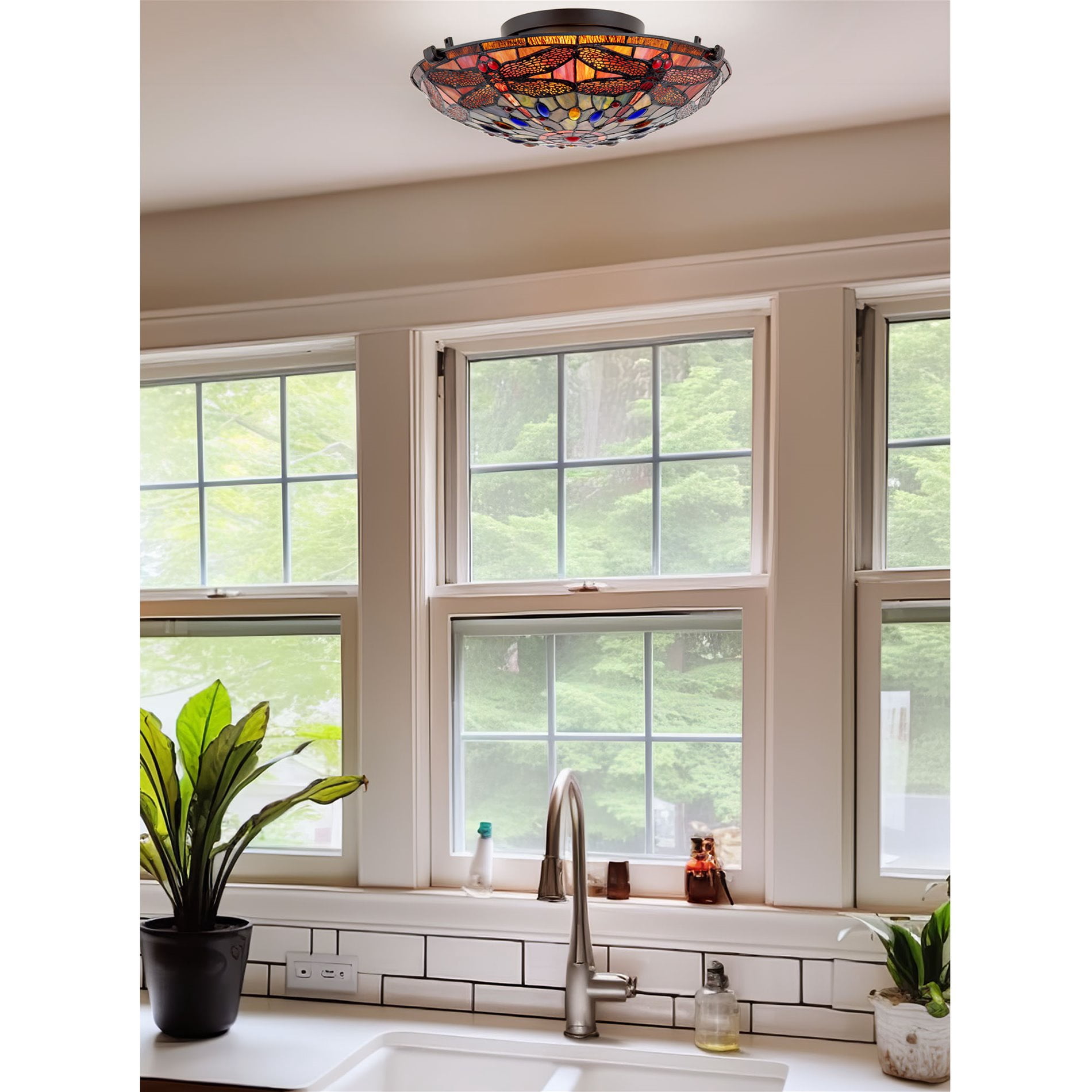 Kira Home Mateo 16" Tiffany Style Flush Mount Ceiling Light, 2-Light Hand-Crafted Art Glass Dragonfly Pattern, Black