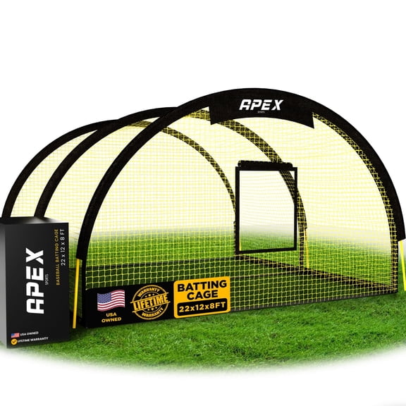 Portable 22ft x 12ft x 8ft Baseball & Softball Batting Cage with Pitching Machine Hole, 3ply 1.25'' Yellow Netting, Secure Steel Poles, 12.7MM Fibreglass Poles, Carry Bag Included