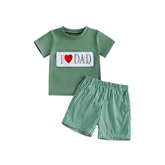 BemeyourBBs Toddler Baby Boy Summer Clothes Fathers Day Outfit I Love Dad Letter Heart Embroidered Crew Neck Short Sleeve T Shirt Tops and Plaid Shorts Set Toddler Boys Summer Outfits
