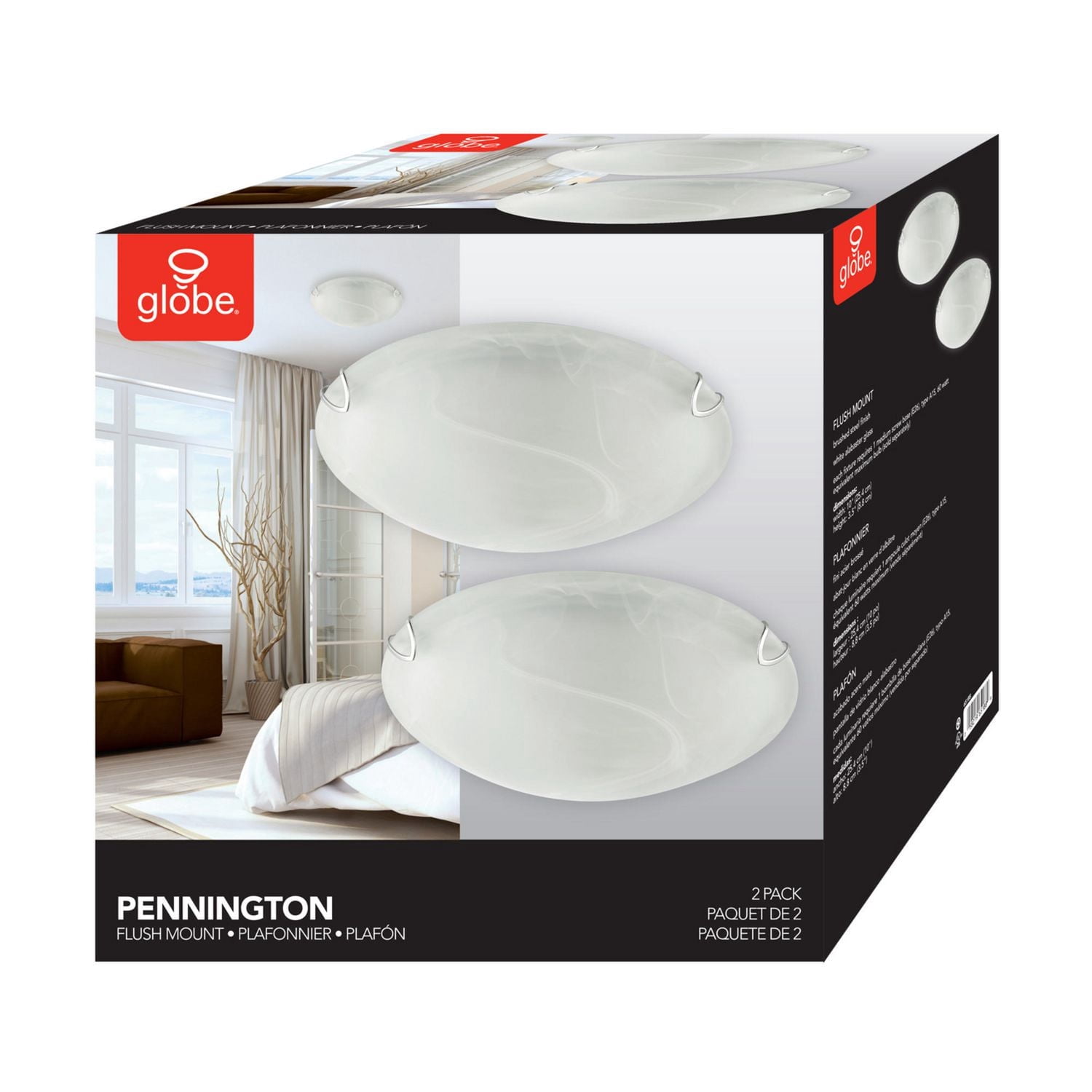Plafonnier encastré 10" Pennington de Globe Electric, paquet de 2 unités, abat-jour en verre givré blanc d'albâtre, nécessite 2 ampoules A15 de 60W (vendues séparément).