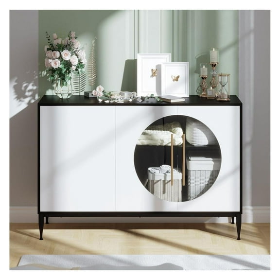Sideboard Cabinet with Tempered Glass Door for Living Room Dining Room Kitchen White Black