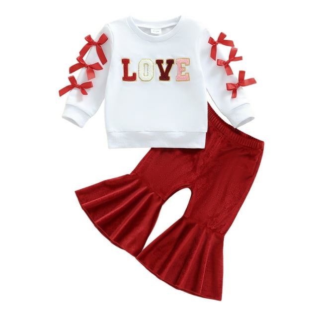 Conjunto de sudadera de dos piezas con top con letras y pantalones acampanados para bebé y niña pequeña