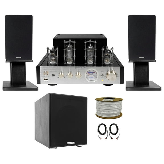 Rockville BluTube Bluetooth Tube Amplifier Black Bookshelf Speakers Stands Sub