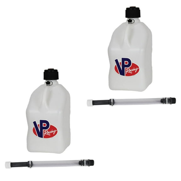 VP Racing 3522-CA 5.5-Gallon Square Motorsport Jug, White w/14 Inch Deluxe Filter Hose Close -Trimmed Cap and Neck for Tight Seal (2 Pack)