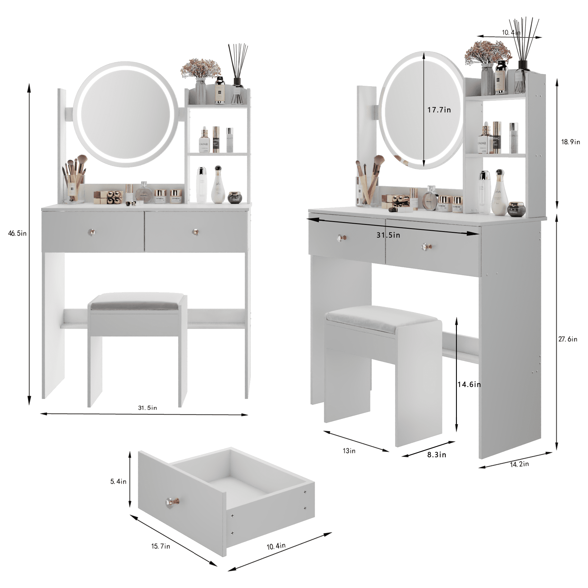 Leumius Makeup Vanity Desk with Mirror and Lights,Dressing Table with 2 Drawers,3 Color Lighting Brightness,Multi-layer High Capacity Storage Makeup Table for Bedroom,White