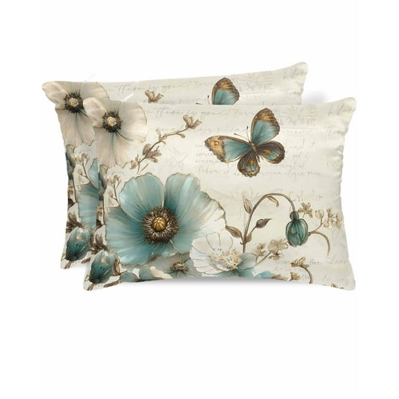 Hokiten Pillow Cases Queen Size Set of 2, Couch Pillow Covers, Turquoise Flowers Satin Pillowcases with Zipper for Hair/Skin, Pillow Protector Cover, Vintage Farmhouse Spring Butterfly 20x30 Inches