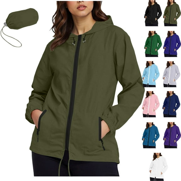 Admvng Rain Jacket Women Waterproof Lightweight Running Zipper Hooded Raincoat Jacket with Pockets S-2XL