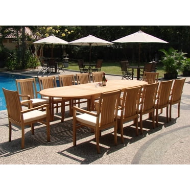 Teak Dining Set:10 Seater 11 Pc - 117" Oval Table And 10 Cahyo Stacking Arm Chairs Outdoor Patio Grade-A Teak Wood WholesaleTeak #WMDSCHa