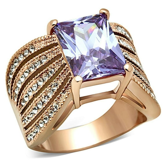 Womens Rose Gold Ring Anillo Para Mujer Stainless Steel Ring with AAA Grade CZ in Light Amethyst Cori