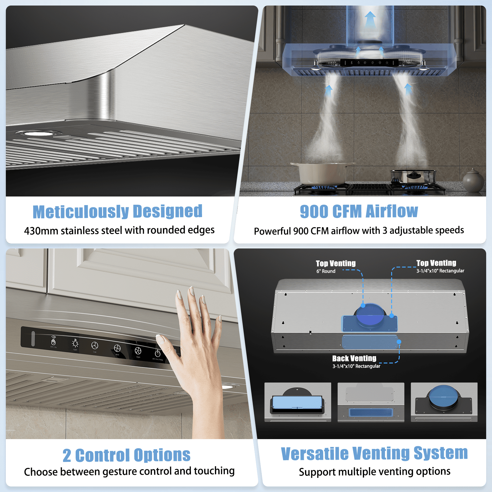 VIKIO 36 inch Under Cabinet Range Hood 900CFM, Ducted 3 Speed Exhaust Fan, Touch Panel, Stainless Steel
