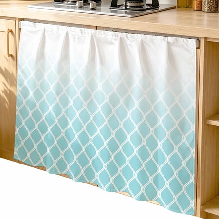 Cabinet Curtain Teal Blue Geometric Kitchen Shelf Curtain Desk Under Sink Curtain Skirt Privacy Drape Cover Ombre Lines Rhombus Pattern Cabinet Curtains for Kitchen Shelves Laundry Room 35x35 Inch