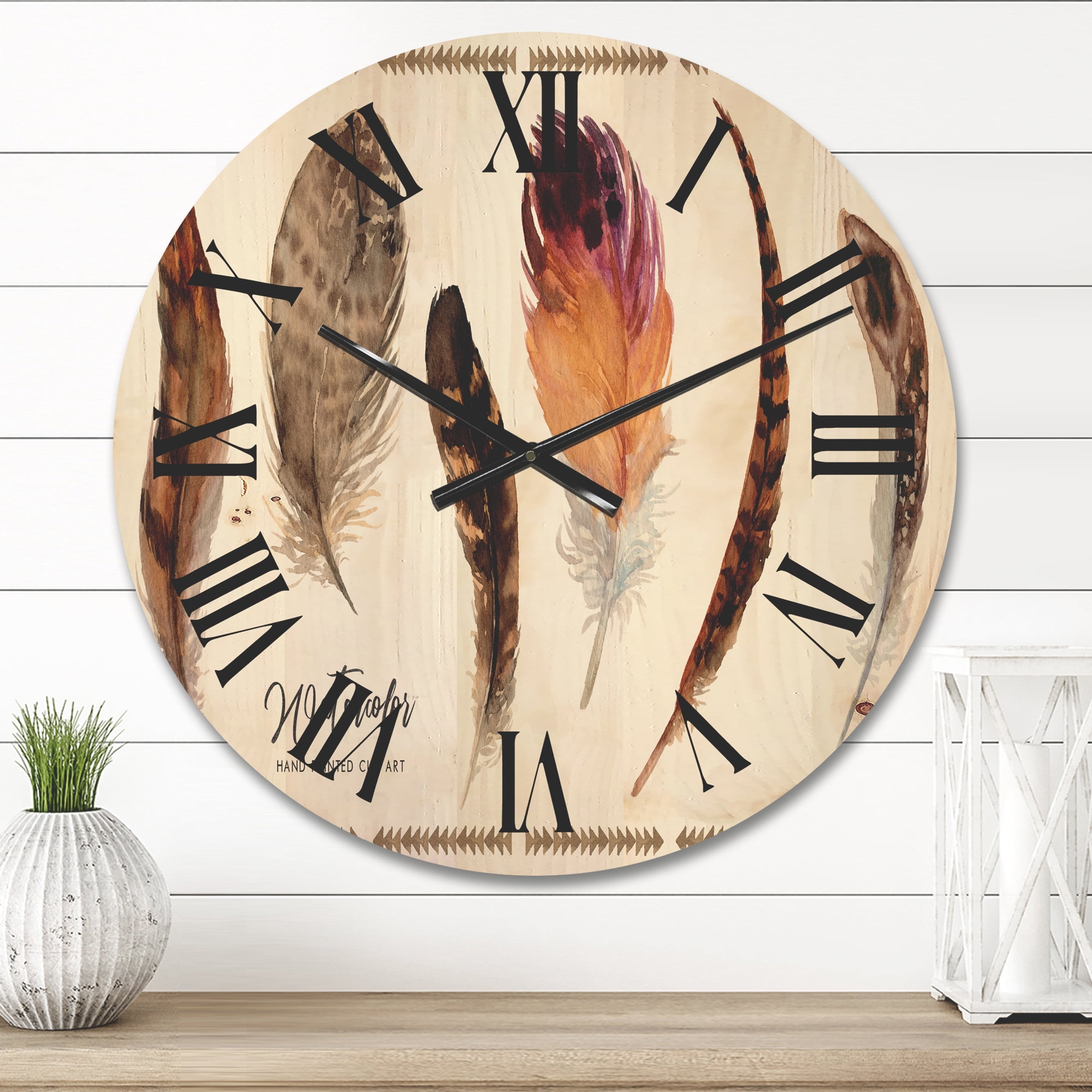 Designart 'Exotic Vibrant Boho Watercolor Feathers' Bohemian & Eclectic Wood Wall Clock