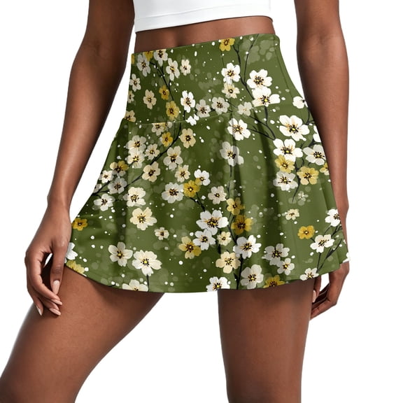 Domzest Women's Pleated Athletic Skirts High Waisted Tennis Skirt Bohemian Floral Print designs for Golf Running Workout Green L