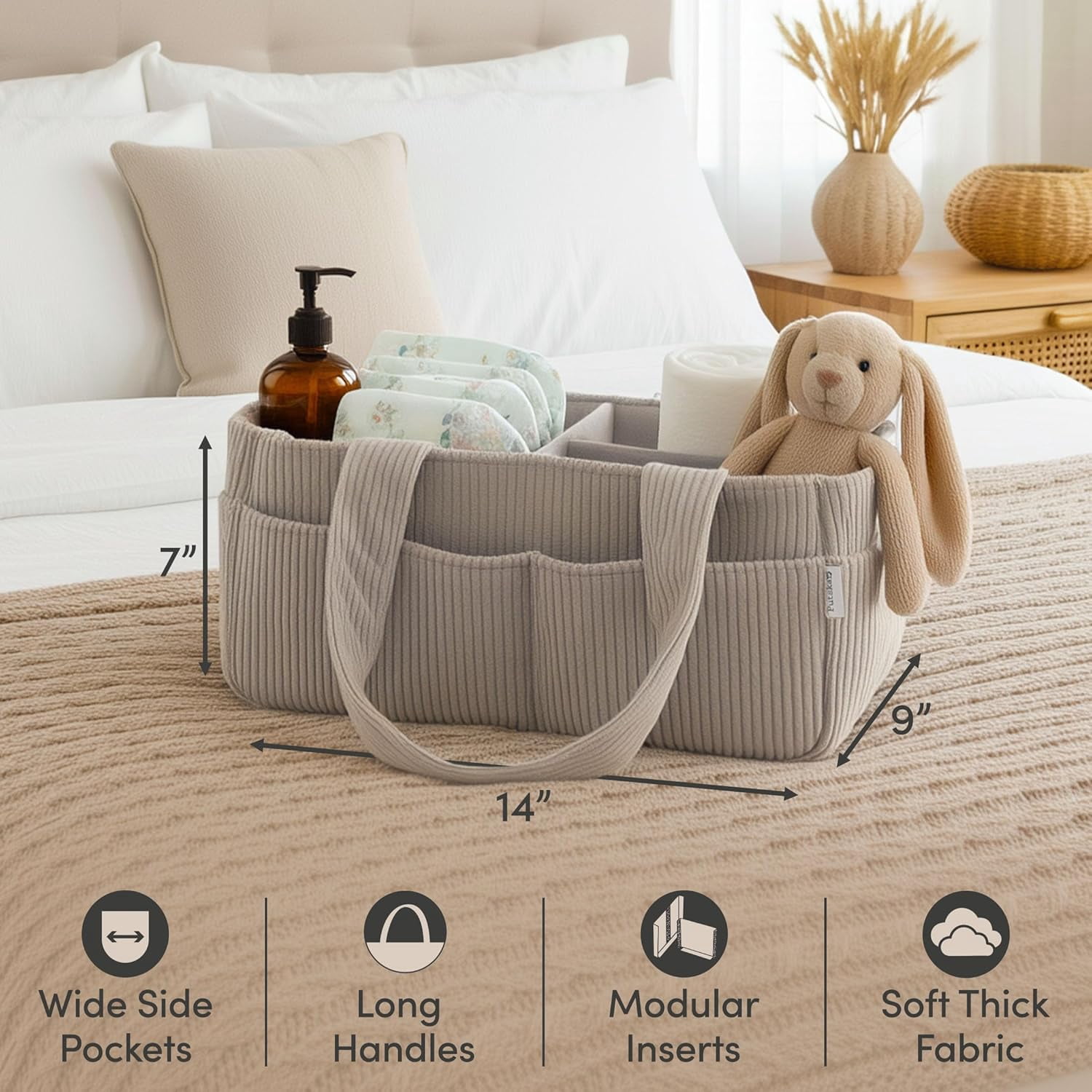 Baby Diaper Caddy Organizer for Changing Table – Stylish Nursery Storage Basket, Newborn Essentials, Baby Shower Gifts and Registry Must-Haves for Boy or Girl, Car Diaper Caddy, Corduroy Grey