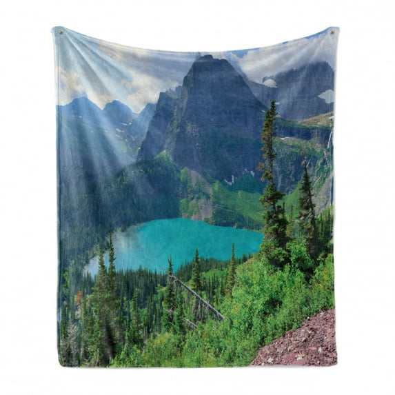 Glacier National Park Soft Flannel Fleece Throw Blanket, Outdoor Scene with Grinnell Lake and Mountains in Summer Season, Cozy Plush for Indoor and Outdoor Use, 70" x 90", Multicolor, by Ambesonne