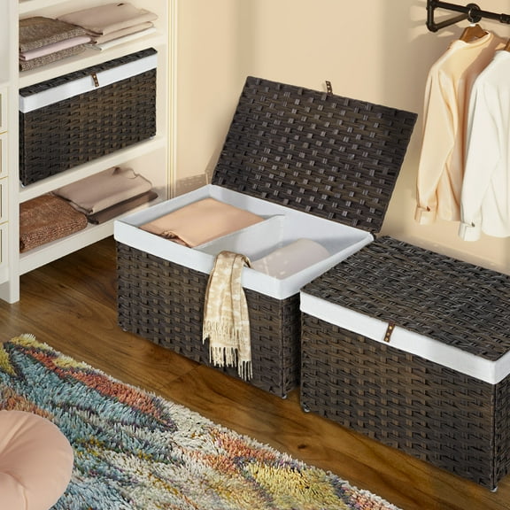 Rolanstar Storage Basket with Lid, 105L Lagre Wicker Blanket Storage Basket with Handles, Foldable, 2 Removable Liner Bags, Metal Frame, for Bedroom, Laundry Room, Natural