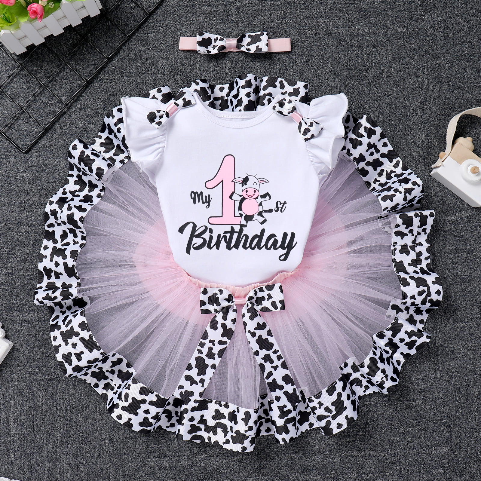 IBTOM CASTLE Baby Girl 1st Birthday Outfit Farm Cow Romper Tutu Skirt Headband Cake Smash Photo Shoot Clothes