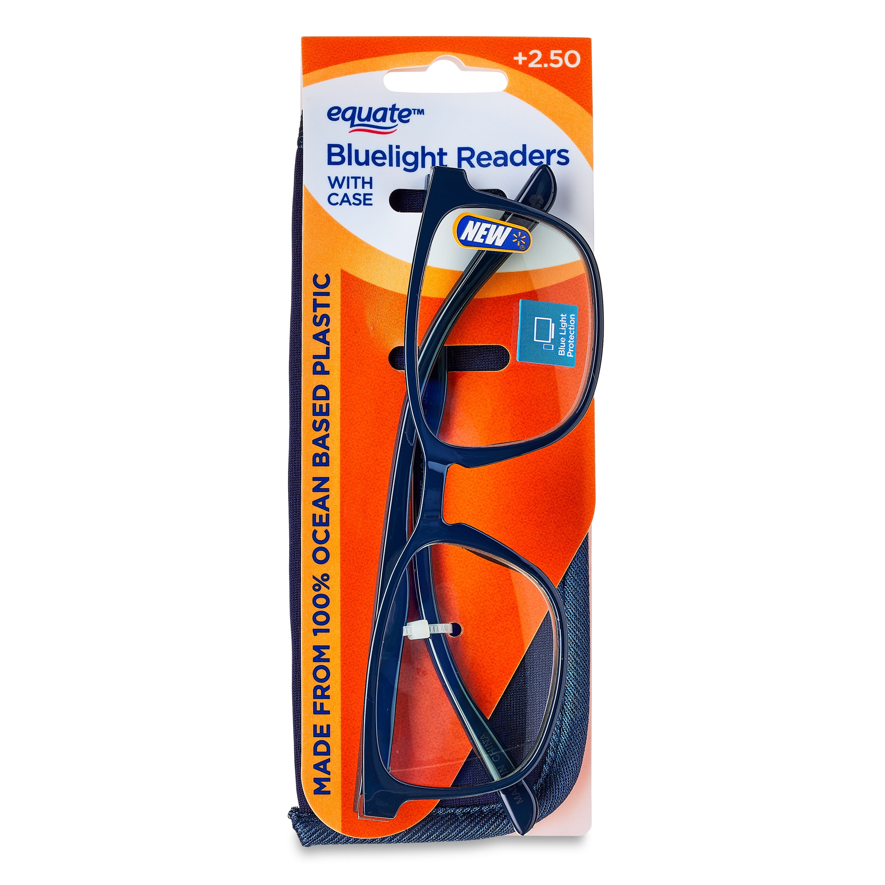 Equate Unisex Pike Bluelight Rectangular Reading Glasses with Case, Dark Grey Blue, +2.50