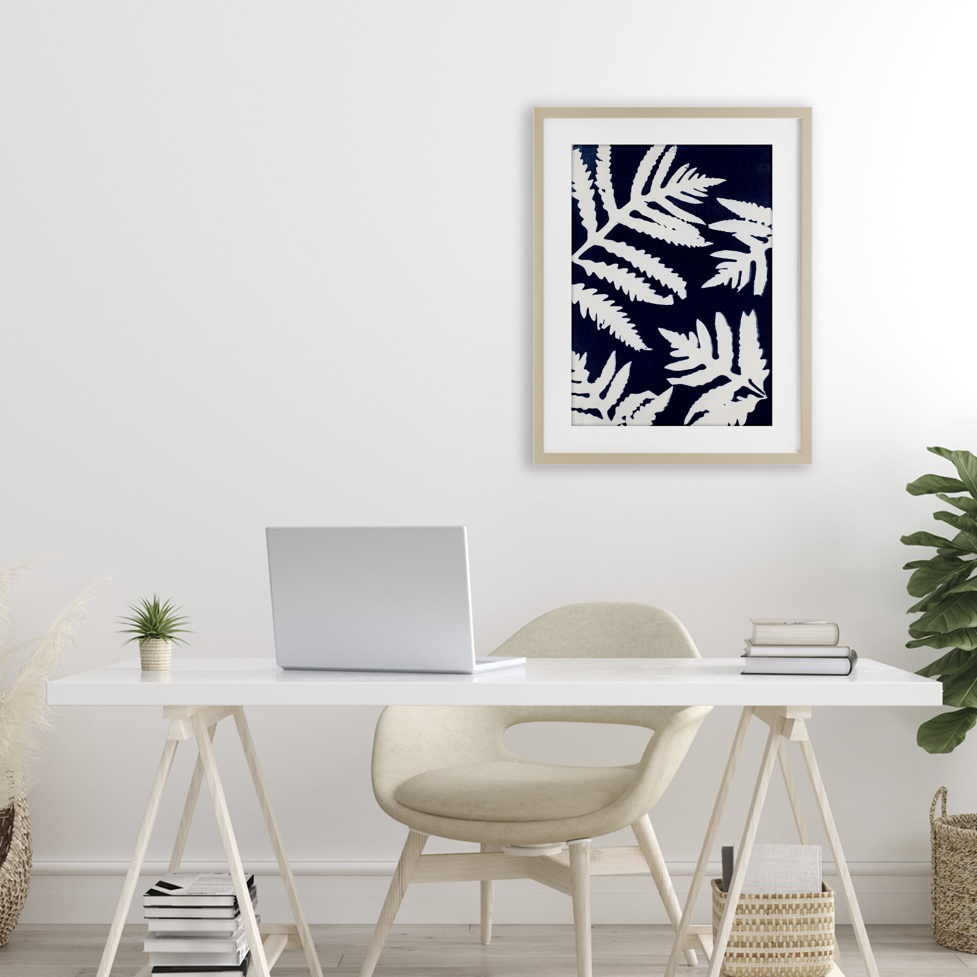 Stupell Industries White Ferns on Indigo Birch Framed Print Under Glass, design by Lynn Byrd