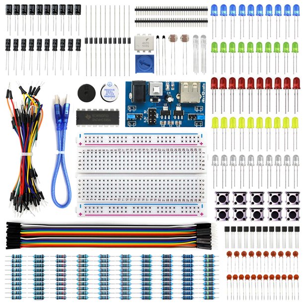 El kit básico de Rexqualis Electronics con módulo de fuente de alimentación, resistencia LED de cable de puente para placa de pruebas, viene con más de 300 sensores y componentes para proyectos electr