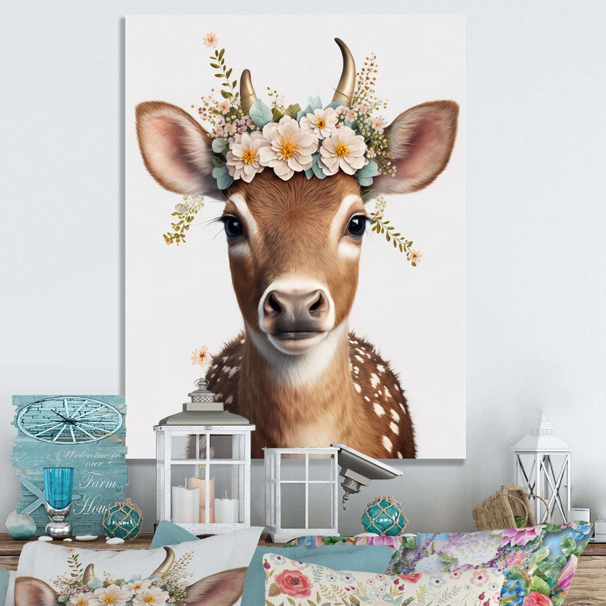 Designart Cute Baby Cow With Floral Crown I Canvas Wall Art