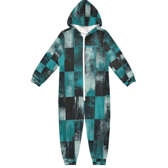 Soft Big Kids Onesie Pajamas Cozy Loose-Fit Jumpsuits for kids with Pockets for Christmas Lounge & Play Teal and Black Squares