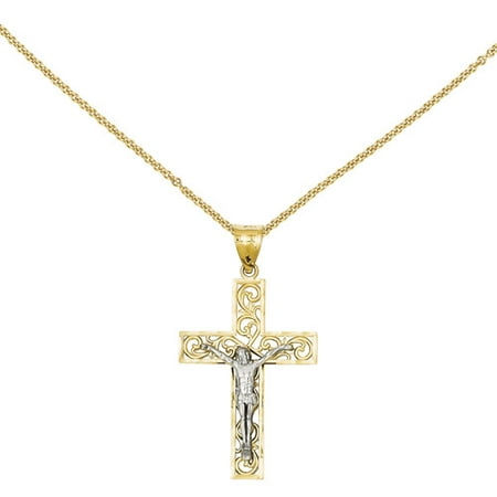 14kt Two-Tone D/C Large Block Filigree Cross with Crucifix Pendant