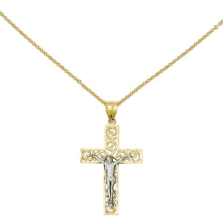 - 14kt Two-Tone D/C Large Block Filigree Cross with Crucifix Pendant
