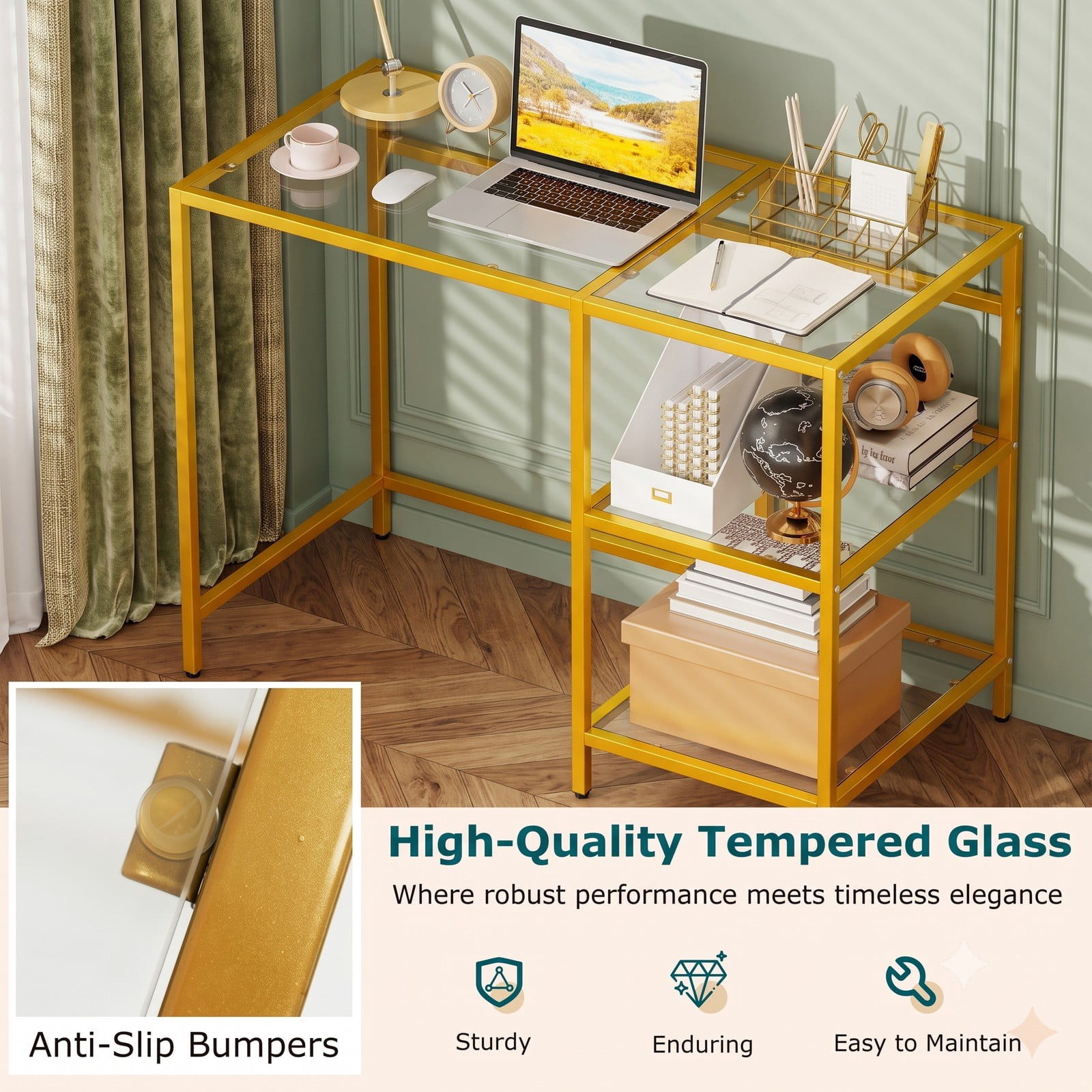 Furnibear Modern Console Table with Tempered Glass Top and 2 Open Shelves and Rust-Resistant Metal Frame for Entryway, Golden