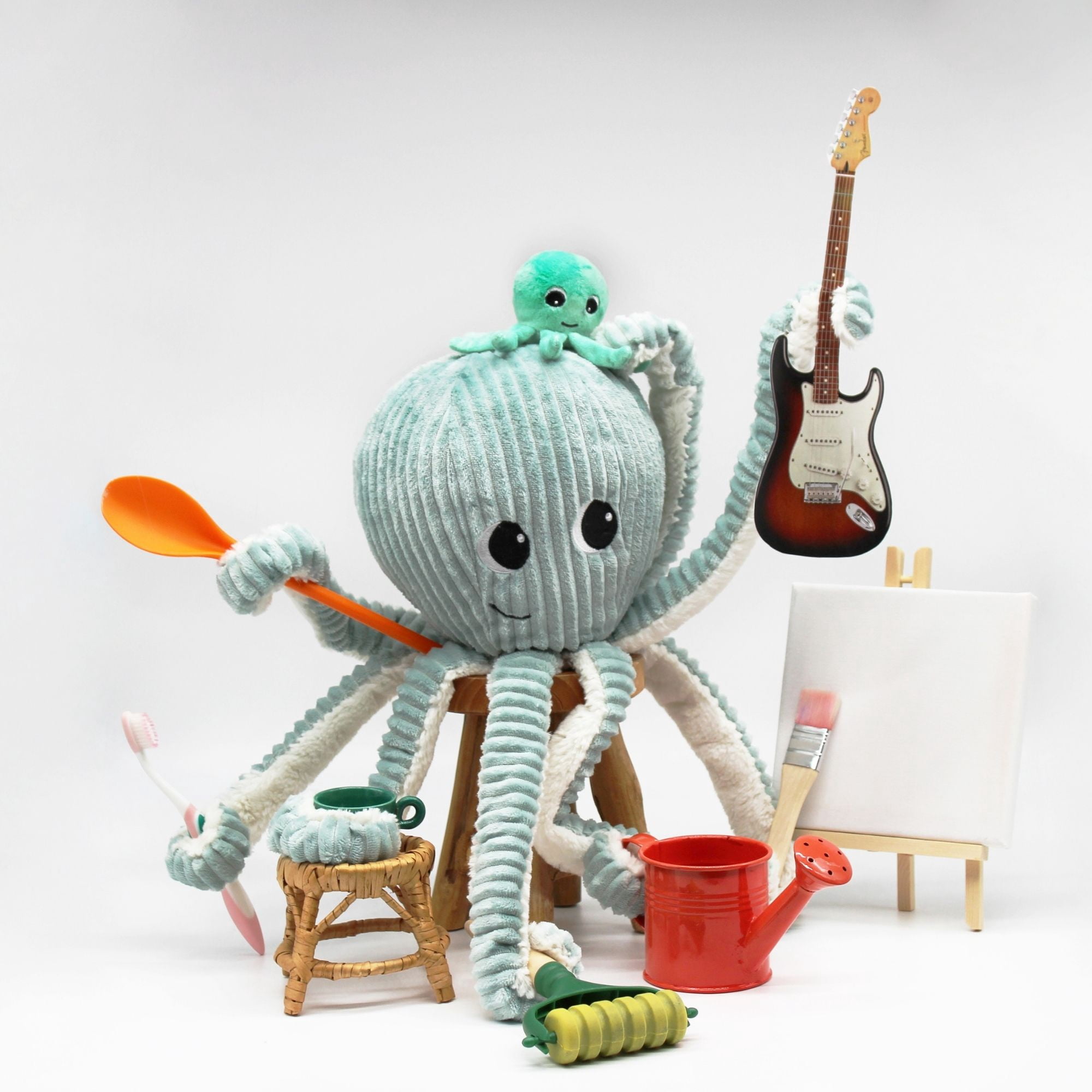 Les Ptipotos Octopus Mom & Baby Plush Stuffed Animal Set & Eco-Friendly Toy in Blue