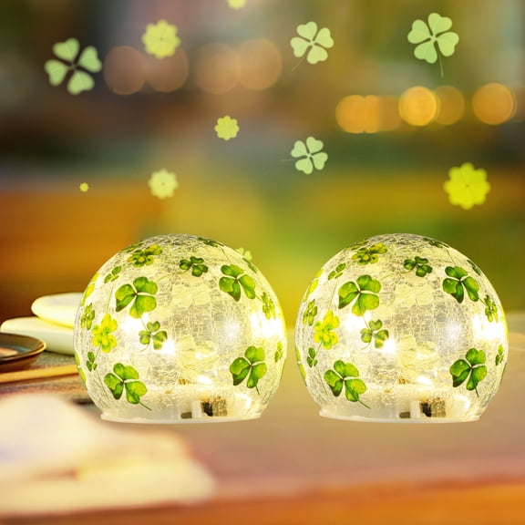 2 PCS Glass Ball Crackled Glass Globe, Decorative Glass Ball with Clover Design, Patrick's Day Themed Orbs, Indoor Ambiance Light for Home Office