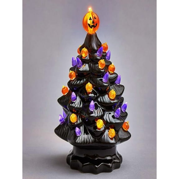 Halloween Ceramic Tree with Pumpkin Top 4x7in LED Halloween Light Up Tree with Multiple Bulbs Battery Powered Halloween Tree Black Christmas Tree Halloween Tree for Desk Party Centerpieces
