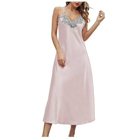 gakvbuo Long Silk Nightdress For Women Satin Slip Silk Nightgown Silky Chemise Nightie Soft V Neck Home Dress Long Nightgown Lace Strap Lingerie Chemise Robes
