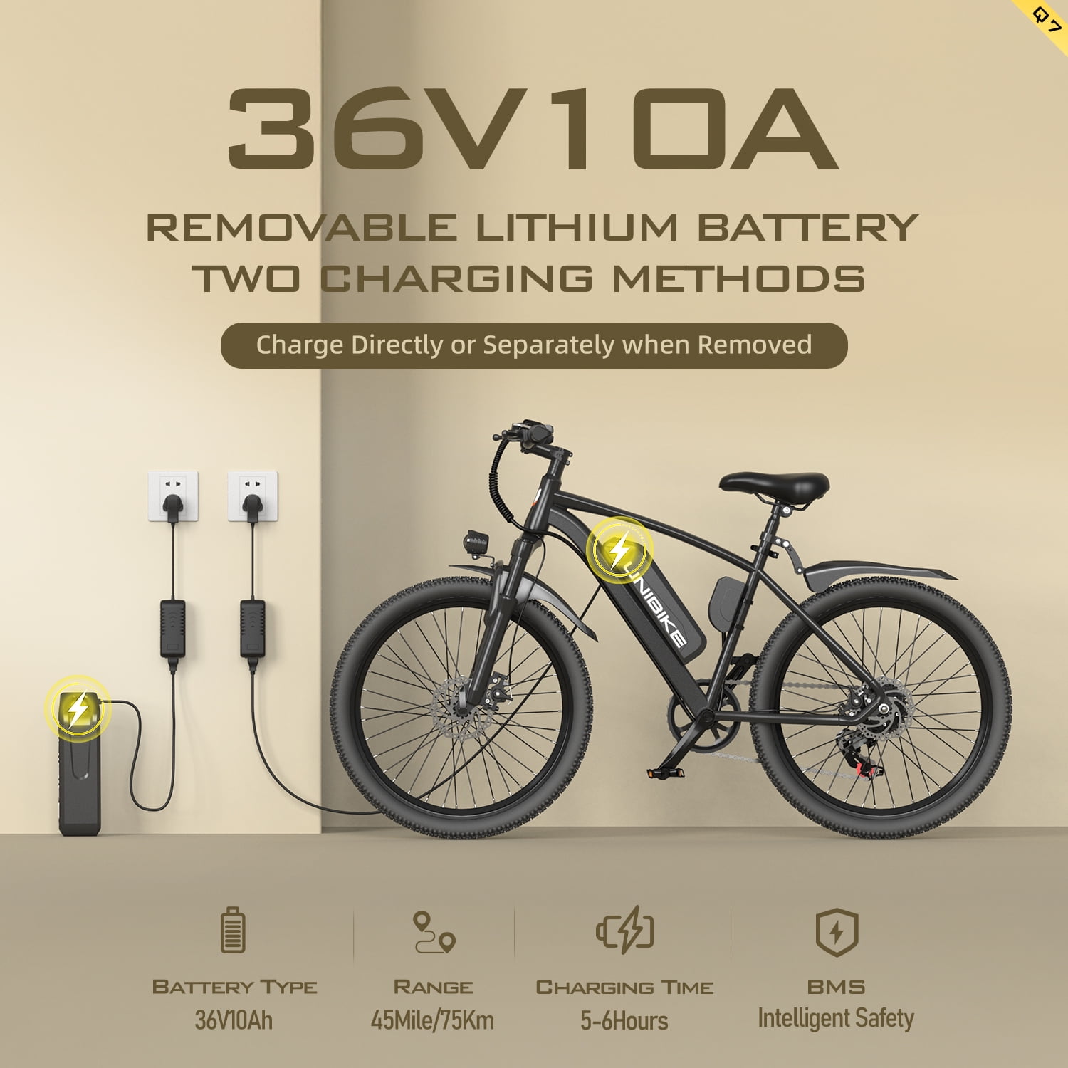 6MSKS 26" 400W Electric Bike, 45Mi Range, 7-Speed, Removable Battery, Front Suspension, All-Terrain Tires UL2849