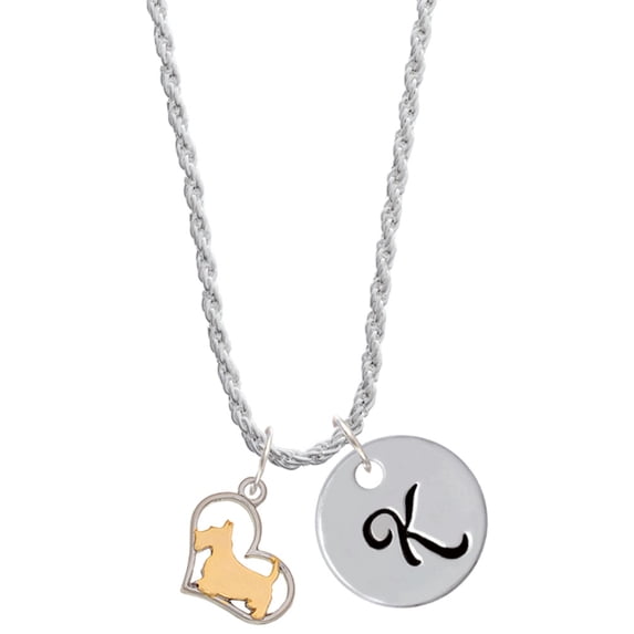 Delight Jewelry Two-tone Scottie Dog Silhouette Heart Silvertone Script Initial Disc - K - Charm Necklace, 20"+3"