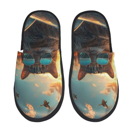 Balery Cool Cat Driving Sunset Slient Indoor Furry Fleece Comfort House Shoes Soft Non-Slip Home Shoes Cotton slippers House Slippers-- Large