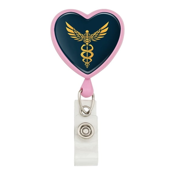 Caduceus Medical Symbol Doctor Nurse EMT Heart Lanyard Retractable Reel Badge ID Card Holder - Pink